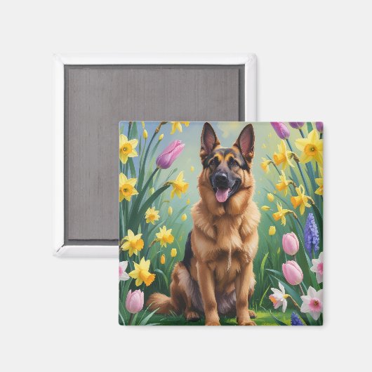Deutsche Schäferhunde Hunde Frühlingsblumen Malere Magnet (Vorderseite/Rückseite)