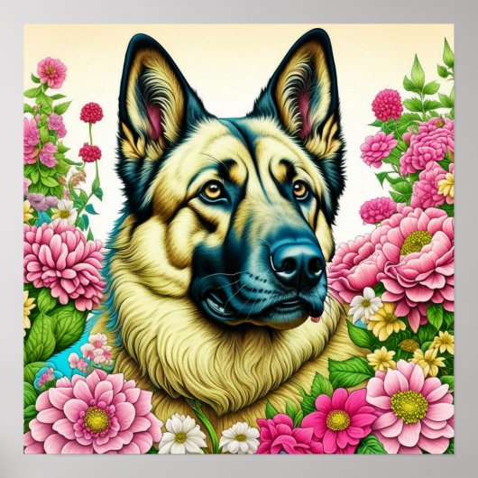 Deutsche Schäferhunde und Whimsikale Blume Poster (Vorne)