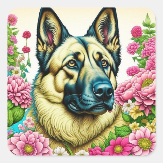Deutsche Schäferhunde und Whimsikale Blume Quadratischer Aufkleber (Vorderseite)