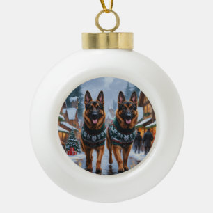 Deutsche Schäferhunde Weihnachten Schnee Urlaub Keramik Kugel-Ornament