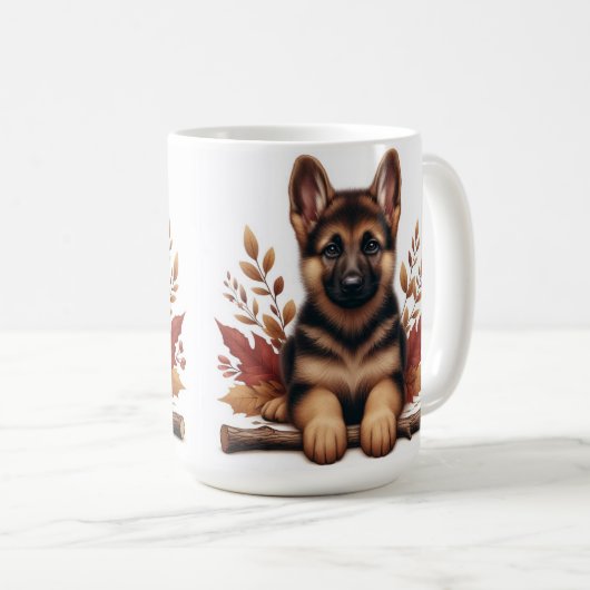 Deutsche Schäferwelpe mit Herbstleaven Kaffeetasse (VorderseiteRechts)