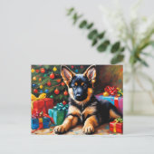 Deutsche Schäferwelpe, Weihnachtsbaum, Geschenke Feiertagspostkarte (Stehend Vorderseite)