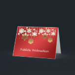 Deutsche Weihnachtsschneeflocken auf Rot Feiertagskarte<br><div class="desc">Weiße und goldene Schneeflocken auf einer roter Hintergrund deutschen Weihnachtsgrußkarte.</div>