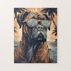 Deutscher Boxer mit Sonnenbrille an einem tropisch Puzzle
