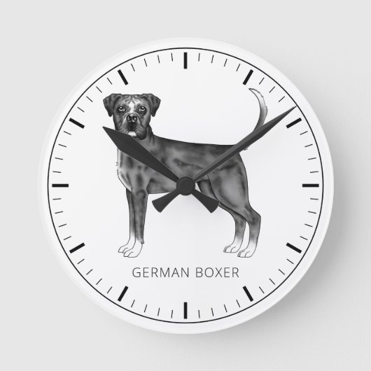 Deutscher Boxerhund in Schwarzweiß & benutzerdefin Runde Wanduhr (Vorderseite)