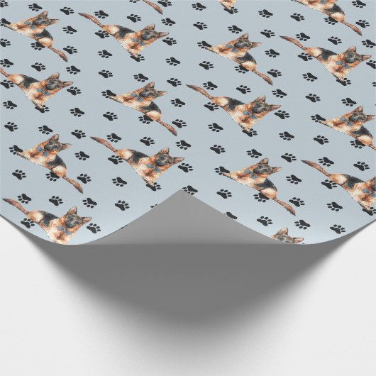 Deutscher Hirte Dog Paw Druckmuster auf Silber Geschenkpapier (Ecke)