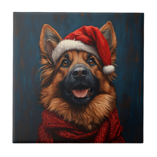Deutscher Hirte in einer Weihnachtsmannmütze Fliese