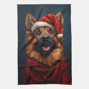Deutscher Hirte in einer Weihnachtsmannmütze Geschirrtuch