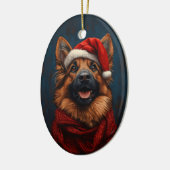 Deutscher Hirte in einer Weihnachtsmannmütze Keramik Ornament (Links)