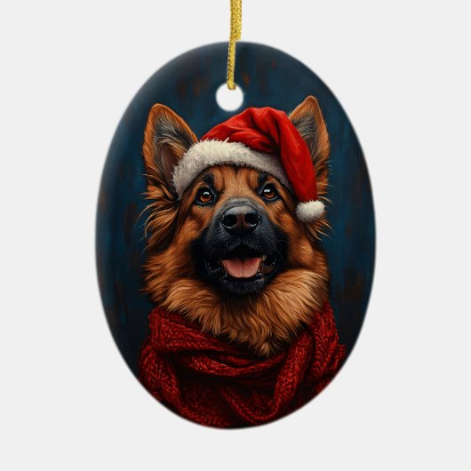 Deutscher Hirte in einer Weihnachtsmannmütze Keramik Ornament (Vorne)