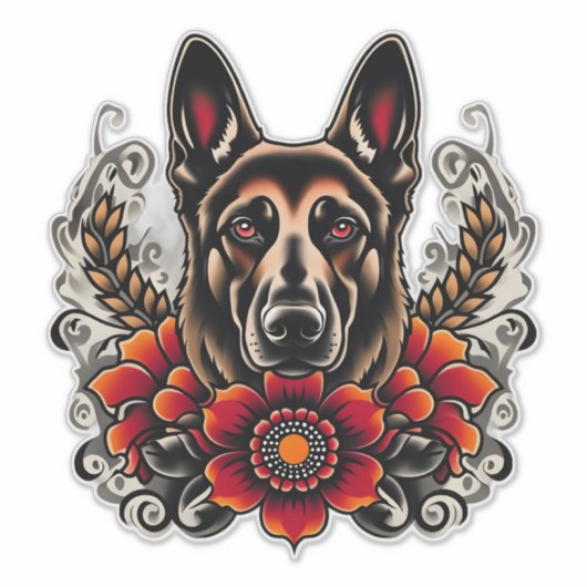Deutscher Hirte mit Blume Aufkleber (Vorderseite)