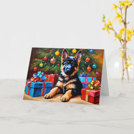 Deutscher Hirte mit Weihnachtsbaum und Geschenken Karte (Gelbe Blume)