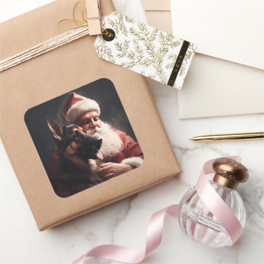 Deutscher Hirte mit Weihnachtsmann Weihnachten Quadratischer Aufkleber (Schenken)