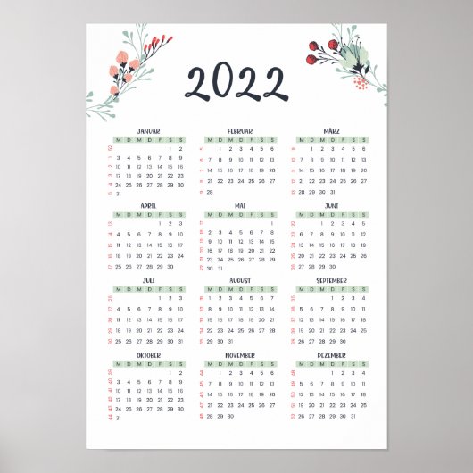 Deutscher Jahreskalender mit KW 2022 A3 Grösse Poster (Vorne)