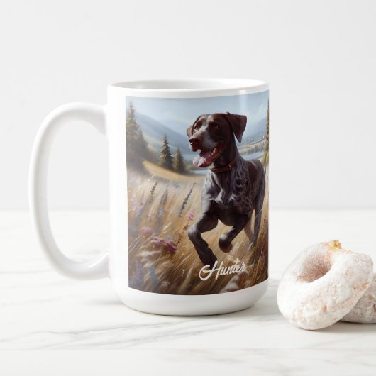 Deutscher Kurzzeitpointer läuft Kaffeetasse (Mit Donut)