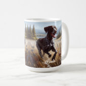 Deutscher Kurzzeitpointer läuft Kaffeetasse (VorderseiteRechts)