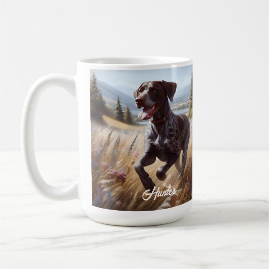 Deutscher Kurzzeitpointer läuft Kaffeetasse (Links)
