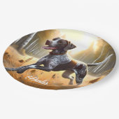 Deutscher Kurzzeitpointer läuft Pappteller (Schrägansicht)