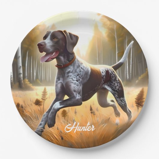 Deutscher Kurzzeitpointer läuft Pappteller (Vorderseite)