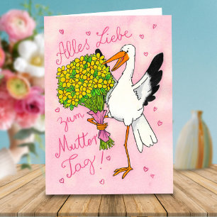 Deutscher rosa Muttertags-Storch mit Blumen Karte
