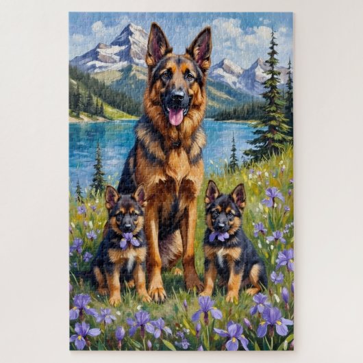 Deutscher Schäferhund Alpine Iris Kunst Puzzle (Vertikal)
