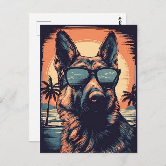 Deutscher Schäferhund am tropischen Strand bei Son Postkarte (Vorne/Hinten)
