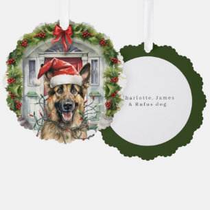 Deutscher Schäferhund an der Weihnachtsmannmütze W Ornament Karte