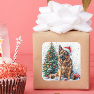 Deutscher Schäferhund an schneebedecktem Weihnacht Quadratischer Aufkleber