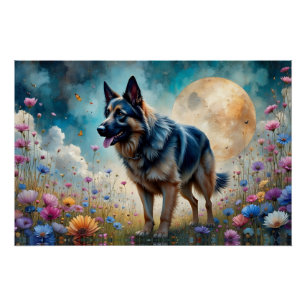 Deutscher Schäferhund auf einem Blumenfeld Poster