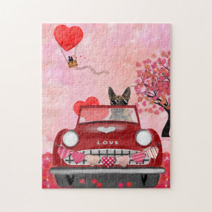 Deutscher Schäferhund-Auto mit Herzen Valentinstag Puzzle