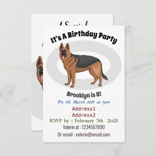 Deutscher Schäferhund-Cartoon Einladung (Vorne/Hinten)