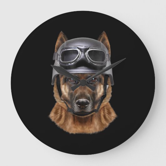 Deutscher Schäferhund, Fahrrad in Motorradhelm Große Wanduhr (Vorderseite)