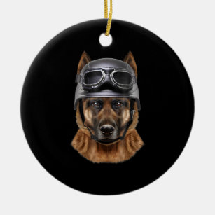 Deutscher Schäferhund, Fahrrad in Motorradhelm Keramik Ornament