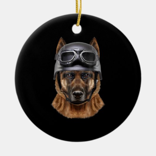 Deutscher Schäferhund, Fahrrad in Motorradhelm Keramik Ornament (Vorne)