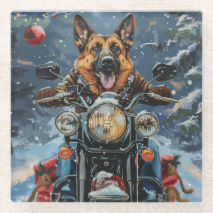 Deutscher Schäferhund fährt Motorrad Weihnachten Glasuntersetzer