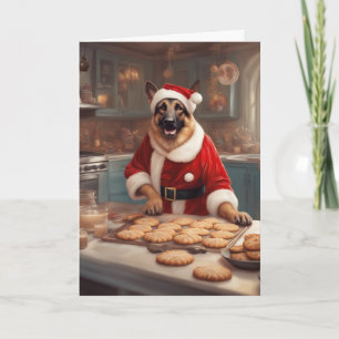 Deutscher Schäferhund im Santa-Kostüm backt Kekse Karte