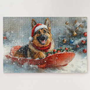 Deutscher Schäferhund im Schlitten Schnee Weihnach Puzzle
