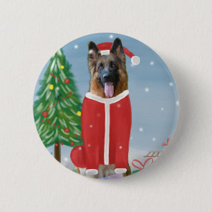 Deutscher Schäferhund im Schnee mit Weihnachtsgesc Button