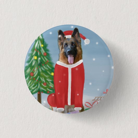Deutscher Schäferhund im Schnee mit Weihnachtsgesc Button (Vorderseite)