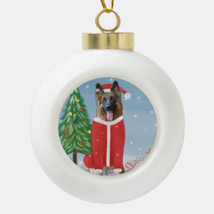 Deutscher Schäferhund im Schnee mit Weihnachtsgesc Keramik Kugel-Ornament