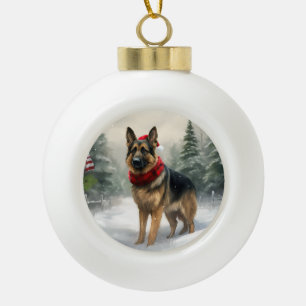Deutscher Schäferhund im Schnee Weihnachten Keramik Kugel-Ornament