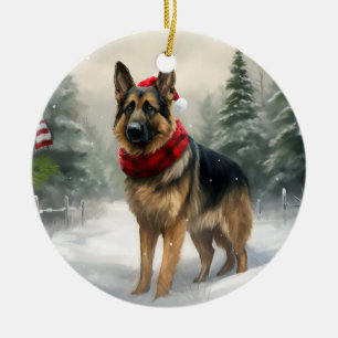 Deutscher Schäferhund im Schnee Weihnachten Keramik Ornament