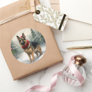 Deutscher Schäferhund im Schnee Weihnachten Runder Aufkleber