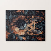 Deutscher Schäferhund in Blättern Puzzle (Horizontal)