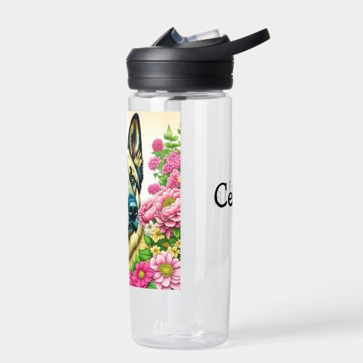 Deutscher Schäferhund in rosa Blume Kunst Trinkflasche (Links)