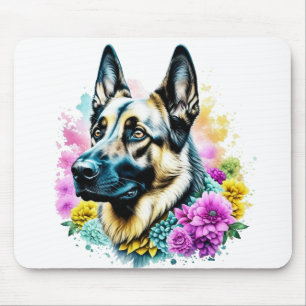 Deutscher Schäferhund in rosa und gelben Blumen Mousepad