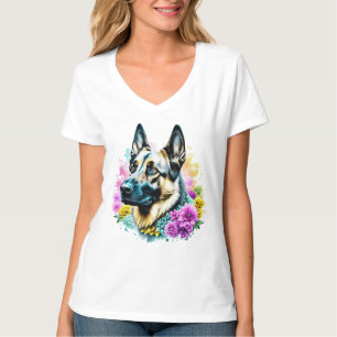 Deutscher Schäferhund in rosa und gelben Blumen T-Shirt