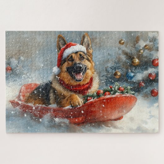 Deutscher Schäferhund in Sledge Snow Weihnachten Puzzle (Horizontal)