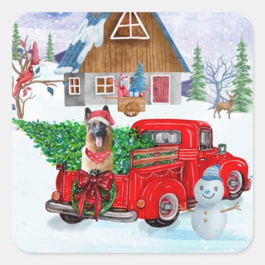 Deutscher Schäferhund in Weihnachten LKW Schnee Quadratischer Aufkleber (Vorderseite)