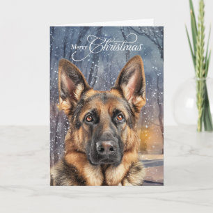 Deutscher Schäferhund Kiefern Winterwald Weihnacht Feiertagskarte